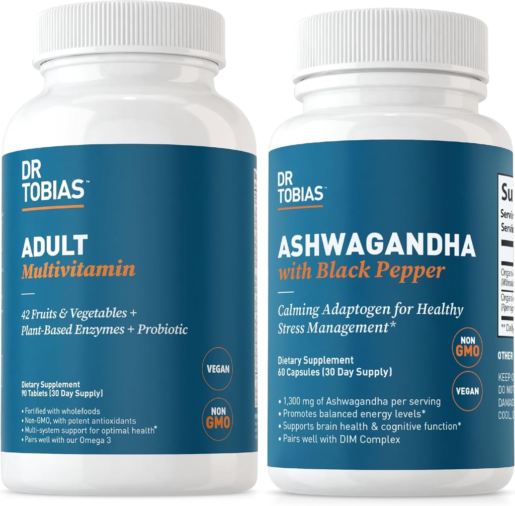 Dr. Tobias Adult Multivitamins ו Ashwgandha קפסולות, תמיכה בסך הכל אנרגיה ובטיחות, טבעוני, Non-GMO