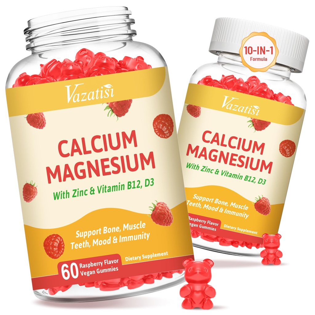 2 Pack Calcium Gummies עם Magnesium, Zinc, ויטמין D3 & B12, Calcium תוספי עבור נשים גברים, תמיכה בעצמות, שרירים ו Immunity, 120 חניכיים פטל טבעונית