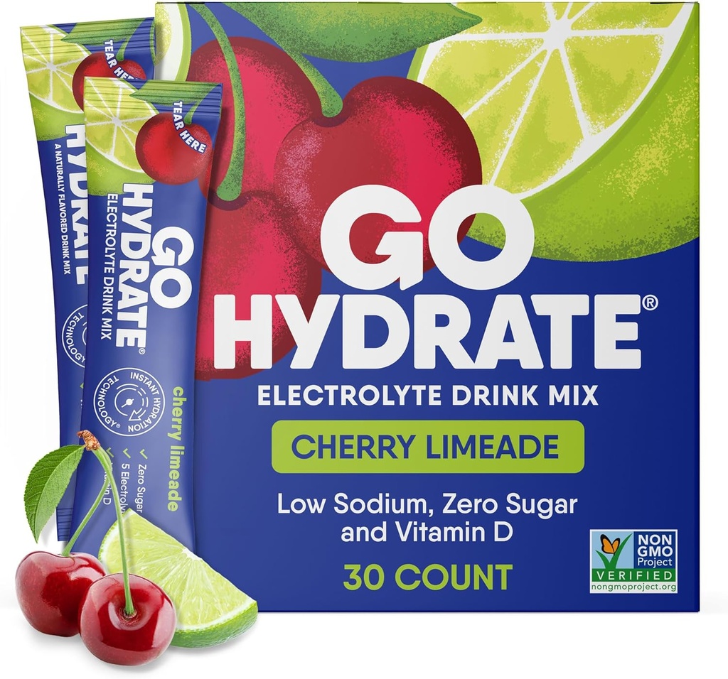 GoHydrate Low Sodium Electrolytes אבקת Packets סוכר חינם - מיידית hydrotion Daily Drink - Zero Sugar Water Flavor Packet Singles עם ויטמין D - (Cherry Limeade, 30 Packs)