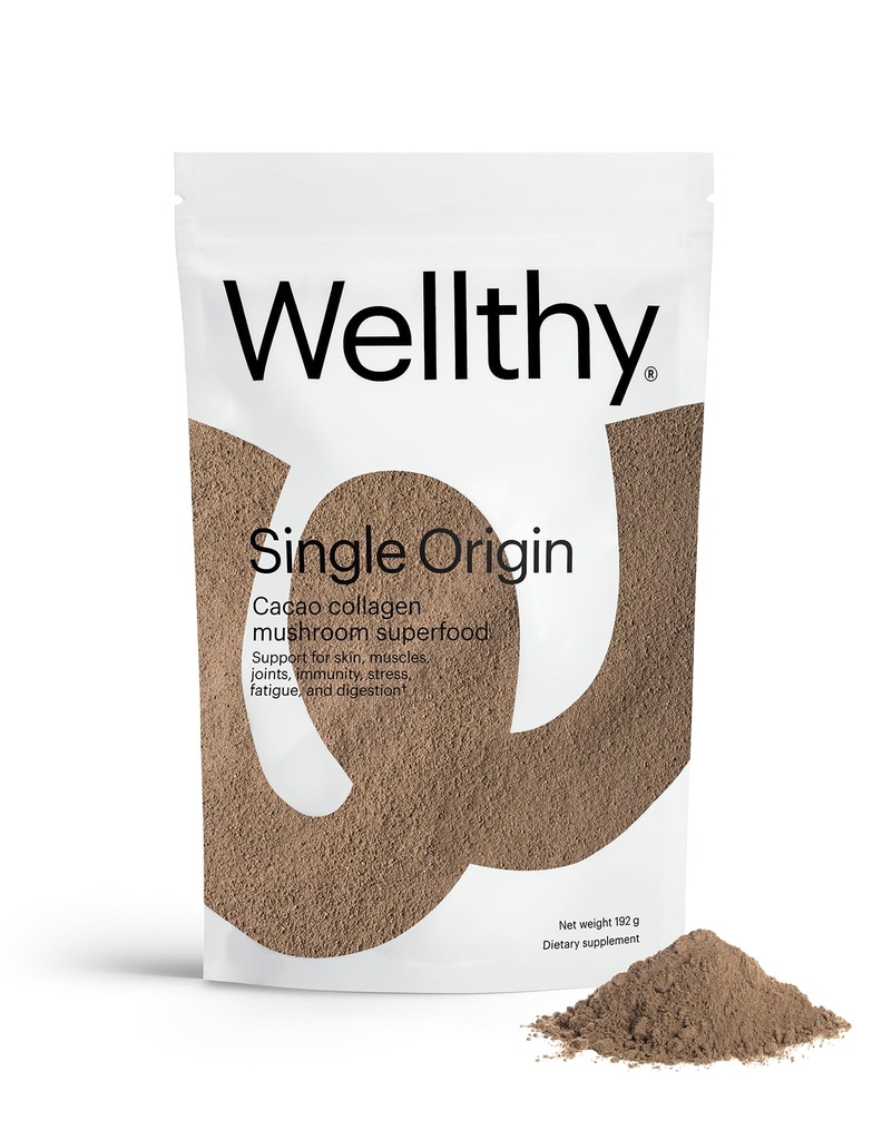 אבקת Superfood של Wellthy Collagen Superfood, Fights Stress & Fatigue, Cacao, אבקת Mushroom - צ'אגה אורגנית & Reishi Extracta, Allergen-Free & non-GMO