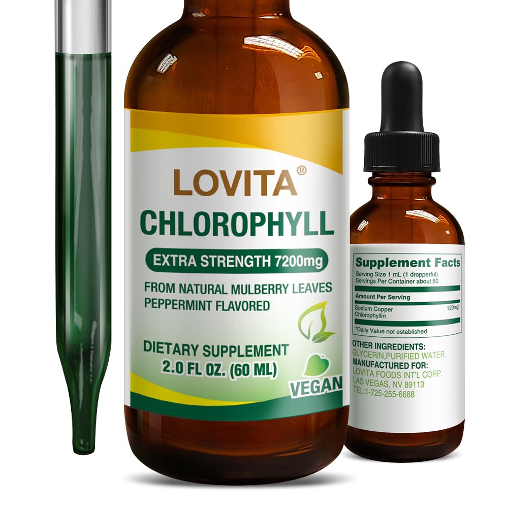 Lovita Chlorophyll טיפות, High Potency 120 מ"ג / מ"ל, 7,200 מ"ג לבקבוק, אנרגיה טבעית Booster & Immune Support, Internal Deodorant, Skin Health, Vegan & non-GMO, Mint Flavor, 60 משרתות 2 Ozs 2 Ozster & Immune Support, Internal Deodorant, Skin Health, Vegan & Non-GMO, Mint Flavor, 60 משרתות
