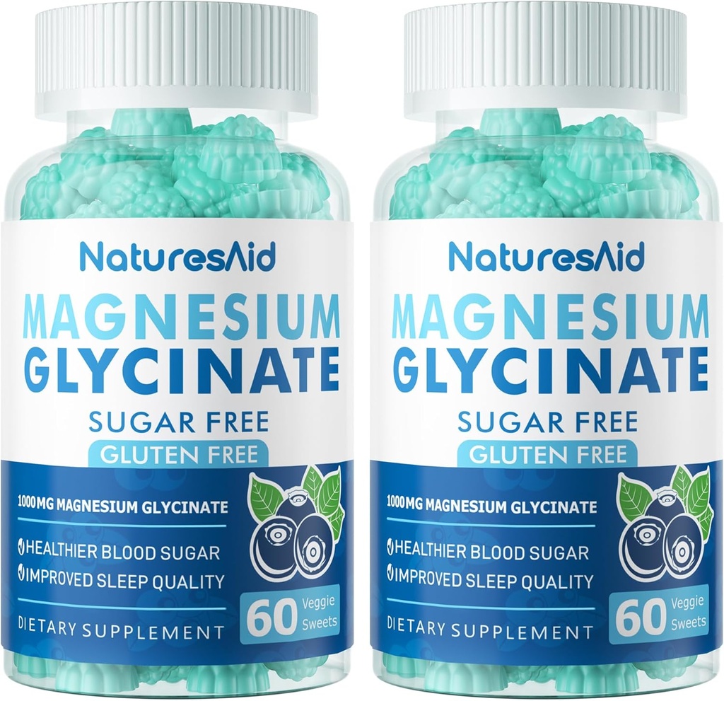 Magnesium Glycinate Gummies 1000 מ"ג - סוכר חינם Magnesium Potassium תוספת עם ויטמין D, B6, CoQ10 עבור Calm Mood & Sleep Support - 120 חניכיים Blueberry -2 Pack