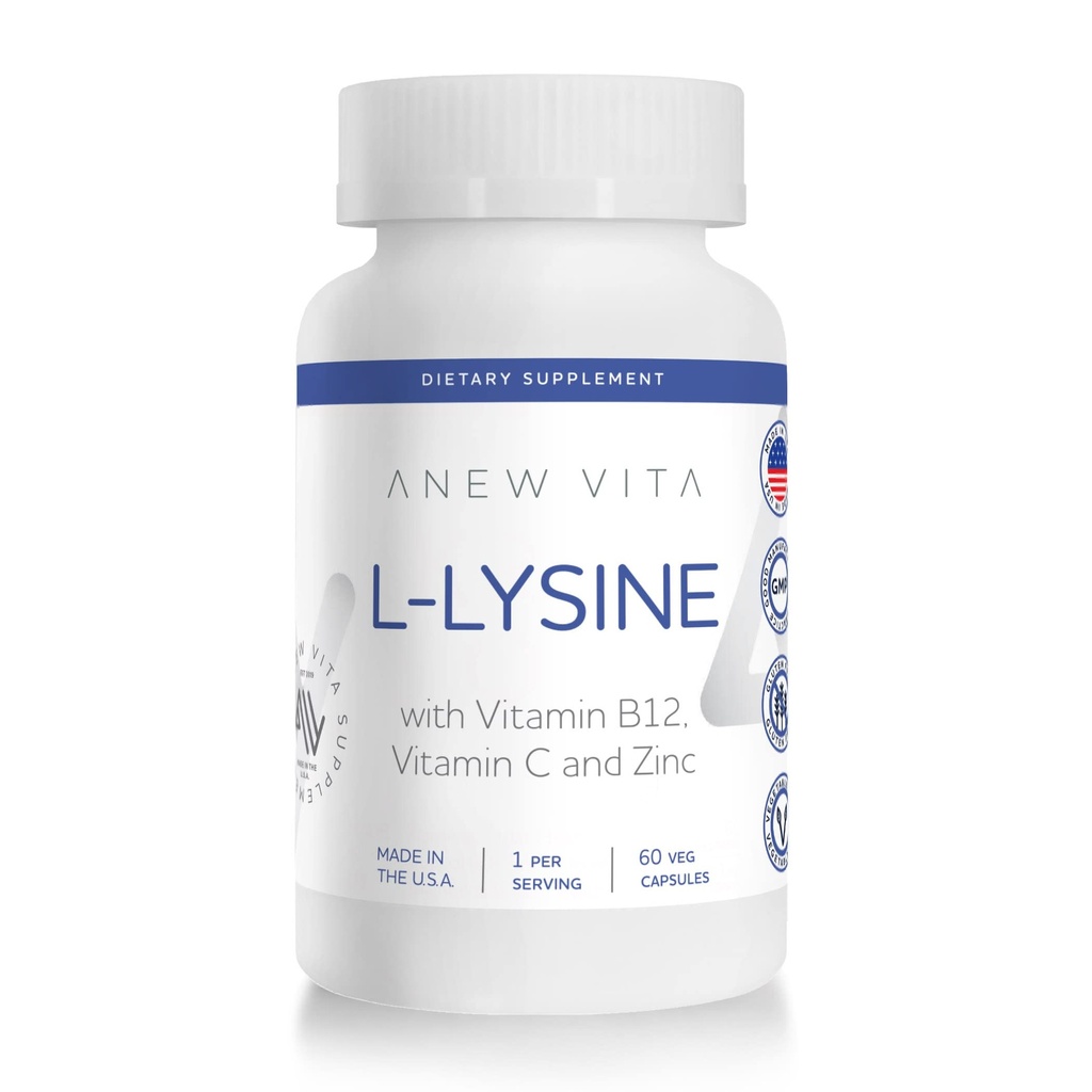 L-Lysine תוסף עם ויטמין B12 + C + Zinc for Lip, Mouth, ו- Oral Tissue Health - Enhanced Wellness Support - Non-GMO, Gluten-Free - Made in USA - 60 קפסולות ירקות, 500 מ"ג