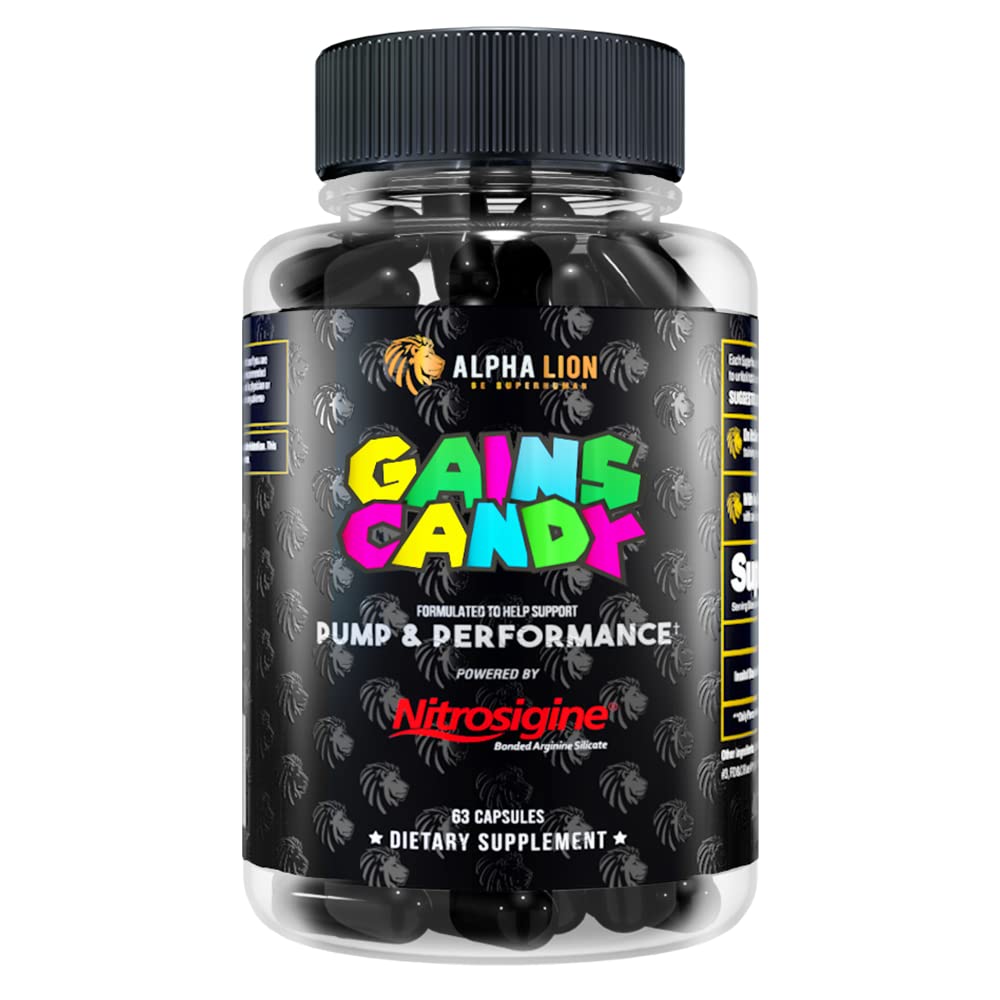 ALPHA LION Gains Candy, גלולות תוספת עבור משאבת שריר ו זרימת דם, Nitric Oxide Booster, תומך מיקוד נפש, השתמש יומי כדי לשדרג את ביצועי העבודה, 63 קפסולות (Nitrosigine)