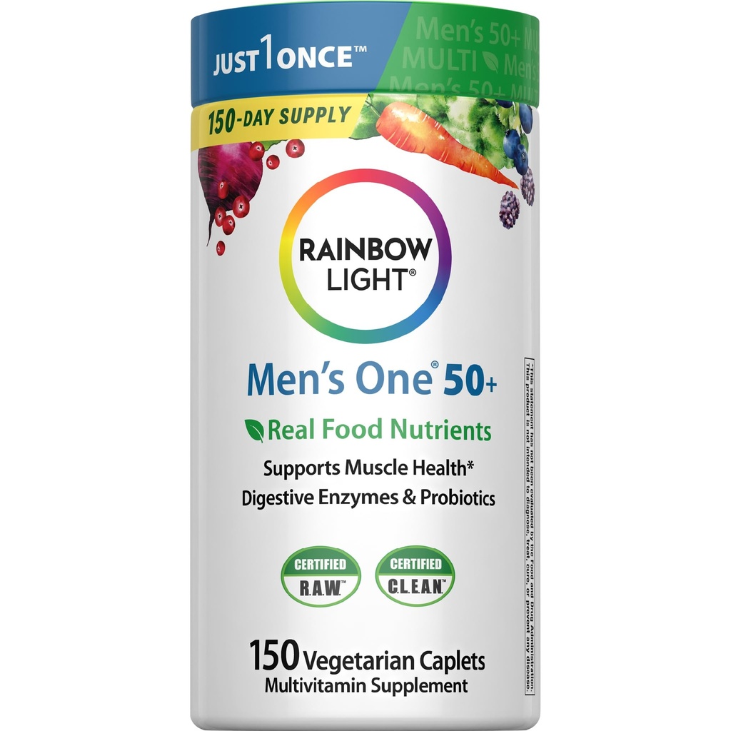 Rainbow Light Multivitamin for Men 50+, ויטמין C, D & Zinc, Probiotics, Men's One 50+ Multivitamin מספק תמיכה גבוהה בפוטנציה, Non-GMO, Vegetarian, 150 טבליות