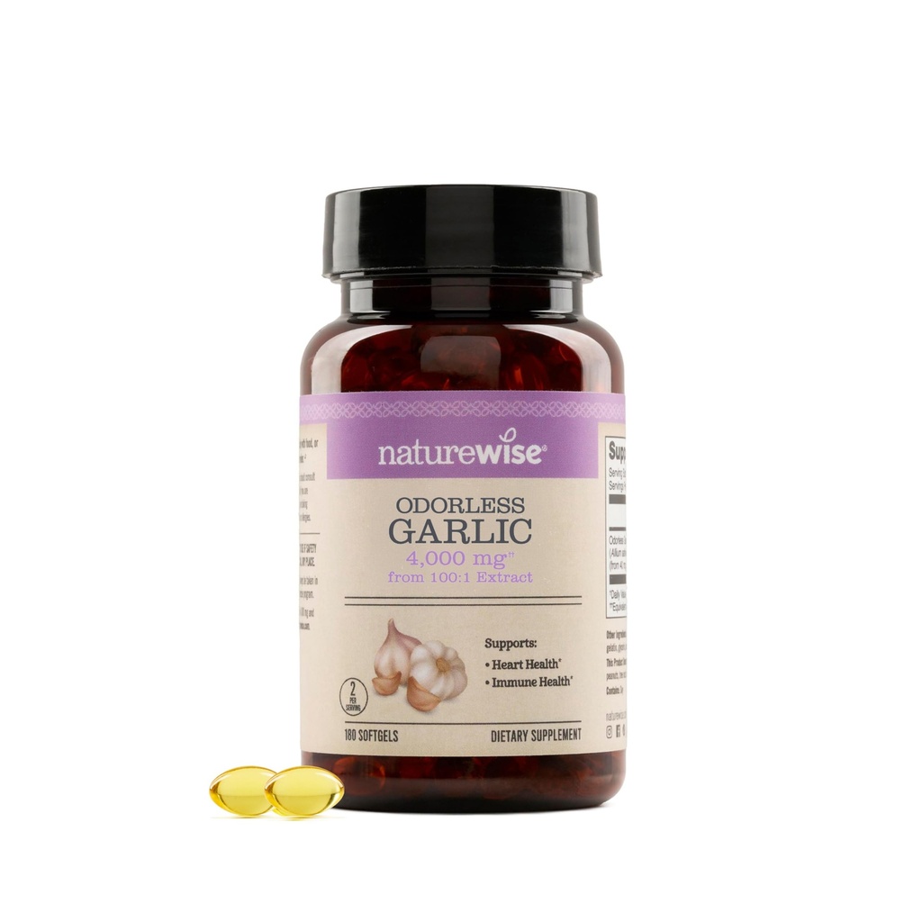 NatureWise Odorless Garlic תוספת של 4000 מ"ג - Ultra Potent 100:1 לחלץ - בריא Cholesterol פורמולה, תמיכה בריאות הלב - non-GMO, Gluten Free, with Halal Gelatin - 180 Count[90-Day Supply]