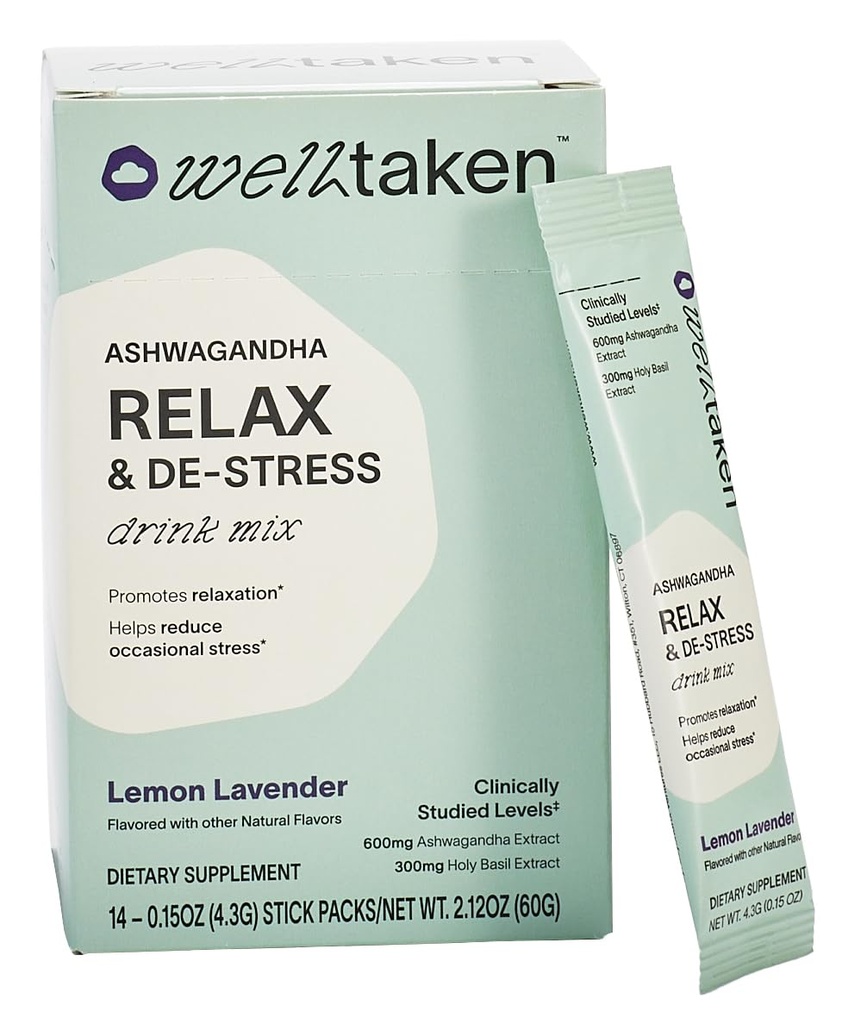 Ashwagandha להירגע & De-Stress אבקת - לימון Lavender 14ct Box - 600mg Ashwagandha, 200 מ"ג L-theanine, בזיליקת קודש - תומך מתח, מרגיעה - טבעוני, לא תוספת סוכר - 14 משרתים