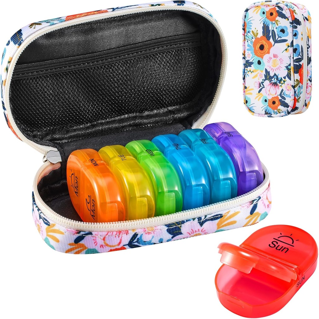 Serfeymi® Travel Pill Productionser 2 Times A Day AM PM שדרג את תיבת הכדור של Rainbow Pill Box 7 Day with Portable Zipper Canvas Pill Case, Medicineארגן עבור גלולות, ויטמינים, שמן דגים - בלום 01