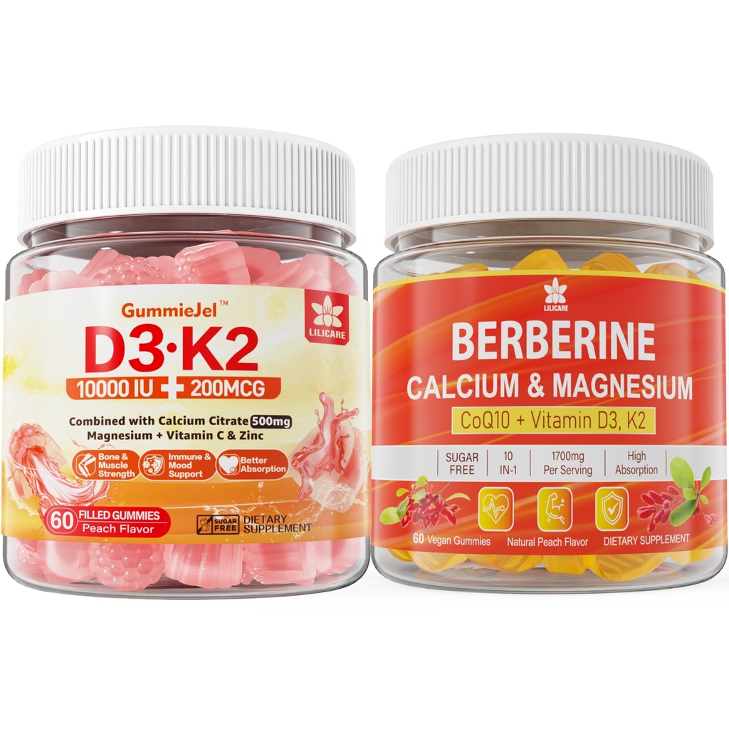 ויטמין D3 K2 חניכיים עם Calcium, Magnesium Citrate, ויטמין C + Barberine תוספת חניכיים, עם Liposomal Berberine & Berberine HCI, Calcium, Magnesium