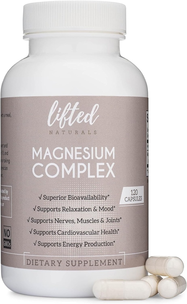 Magnesium Complex - Lifted Naturals Magnesium תוסף w / Bisglycinate, Malate, Turate - 120 קפסולות - Bioavailable Magnesium פורמולה עבור Mood, Sleep, Energy Support *