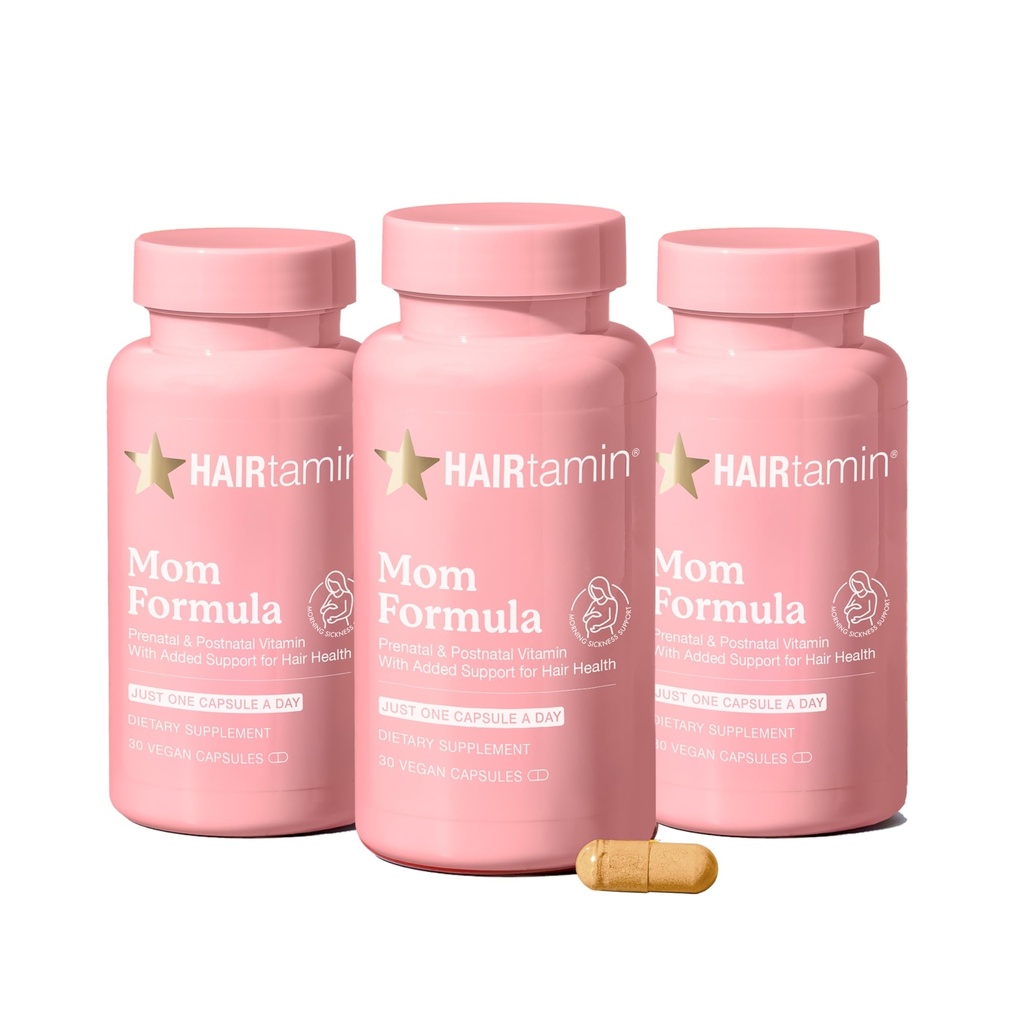 HAIRtamin MOM טבעוני Prenatal & Postnatal Multivitamin קפסולות ווויטמינים שיער, Postpartum, הנקה, ציפורי שיער, ויטמין עור לנשים עם ביוטין, Zinc, ברזל (3-Pack)