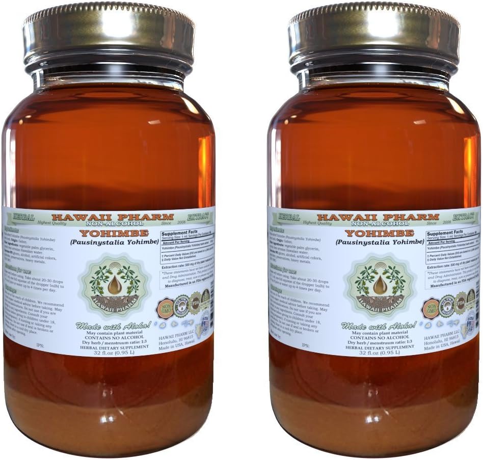 Yohimbe אלכוהול חינם לחלץ, Yohimbe נוזל (Pausinystalia Yohimbe) Dried Bark Glycerite Natural Herbal, הוואי Pharm, ארה"ב 2x32 fl.oz