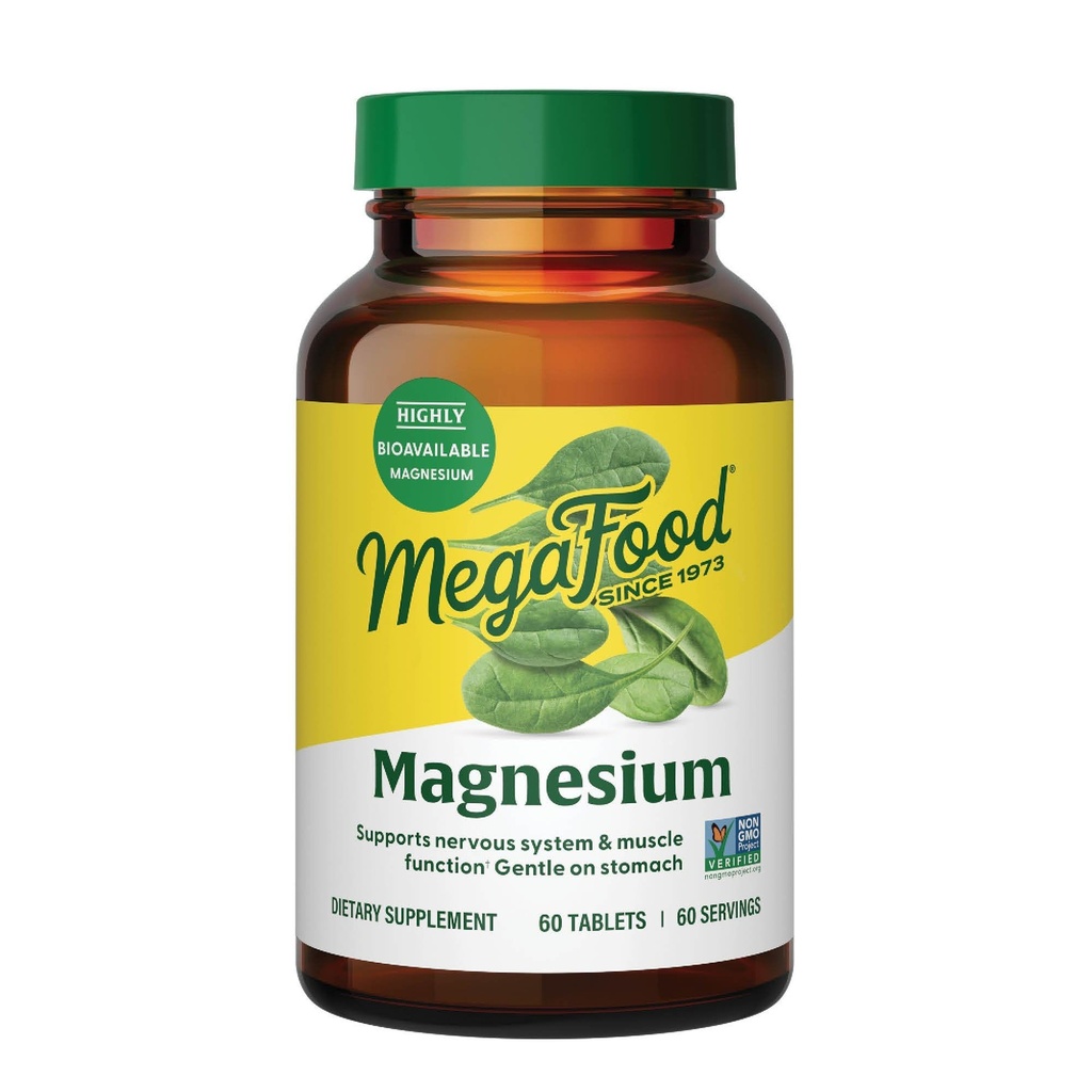 Mega Food Magnesium - תומך במערכת הלב והעצבנות - תוספת מגנזיום עם מגנזיום מותסס Glycinate - טבעוני, Gluten-Free, non-GMO ו כשר - Made Without 9 Food Allergens - 60 Tabs