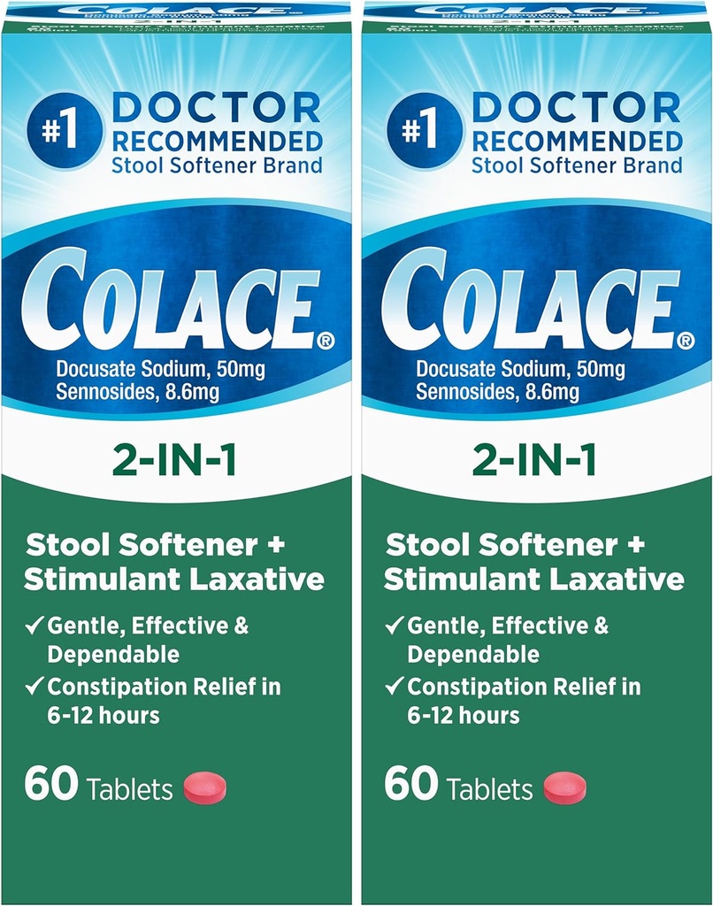 קולצ'ה 2-in-1 Stoolener Plus Stimulant Laxative עבור Gentle יעיל Constipation הקלה, Docusate Sodium Plus Sennosides, 60 Count (Pack of 2)