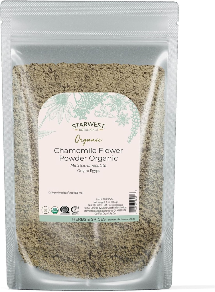 Starwest Botanicals Organic Chamomile Flower אבקת - Dried Drop Leaf Herb for Tea, Herbal Lotions, & Baking, שמקורם במצרים, כשר מוסמך, Non-GMO - 4 oz Pouch