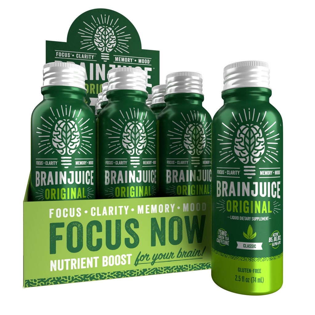 BrainJuice Focus & Energy Drinks, Nootropics with Alpha GPC, ויטמין B & אורגני תה קפאין, תמיכה להתמקד, זיכרון וקלרנס, non-GMO, Gluten Free, Classic, 2.5 oz, 12 Pack
