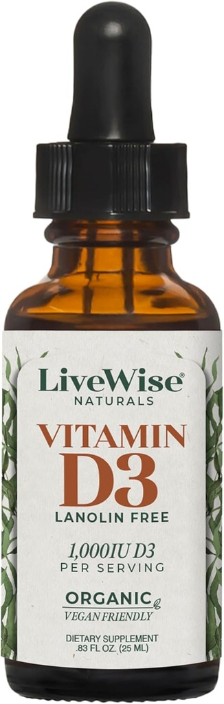 LiveWise Naturals אורגני ויטמין D3 נוזל טיפות, טבעוני, non-GMO, מבוסס צמחים, 200 IU ל Drop, תומך Immune, העצמות, בריאות Mood, Easy-to-Absorb, ב שמן MCT 1000 IU ל Drop, תומך Immune, Bone, ו- Mood Health, Easy-to-Absorb, ב MCT 1000 IU