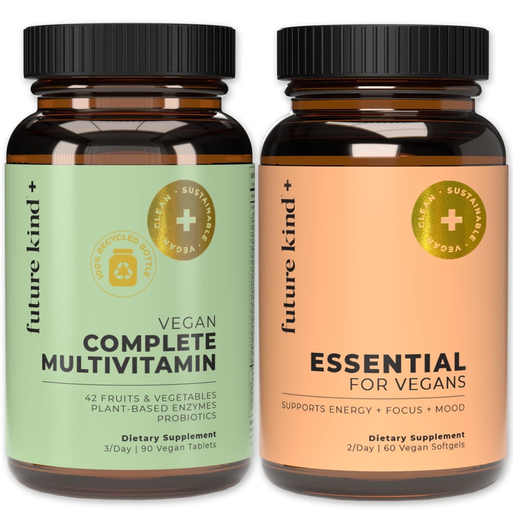 Future Kind Multivitamin Bundle - טבעוני שלם Multivitamin ו Essential Multivitamin - ויטמין B12 טבעוני אומגה 3, ויטמין D3 - מלא Multivitamin, 42 ויטמינים ב 1 לגברים ונשים