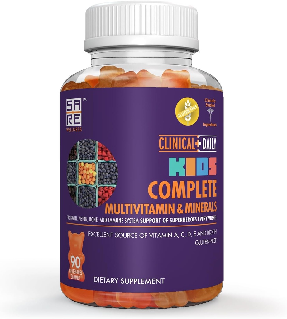 Clinical Daily Complete Kids Multivitamin Daily Gummy Supplement for Brain, Vision, Bone and Immune Health. ויטמין A, C, E,D,B6,B12, Folate, Biotin, מינרלים חיוניים. 90 Gluten Free Yummy חניכיים