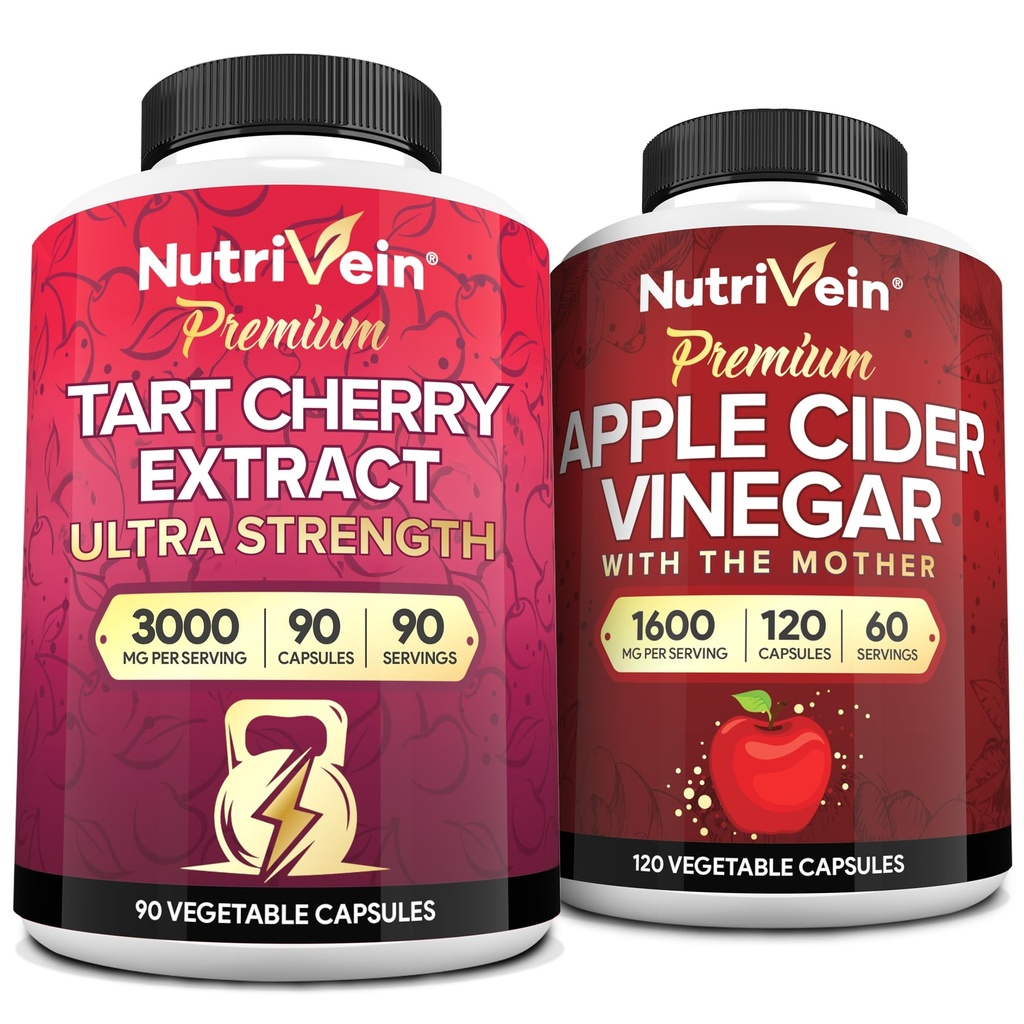 Nutrivein Premium Tart Cherry 500mg & Apple Cider Vinegar 1600 מ"ג Bundle - שריר התאוששות & Uric Acid ניקויse Plus Digest וניהול משקל - Non-GMO, טבעוני / צמחוני - 90 + 120 גלולות