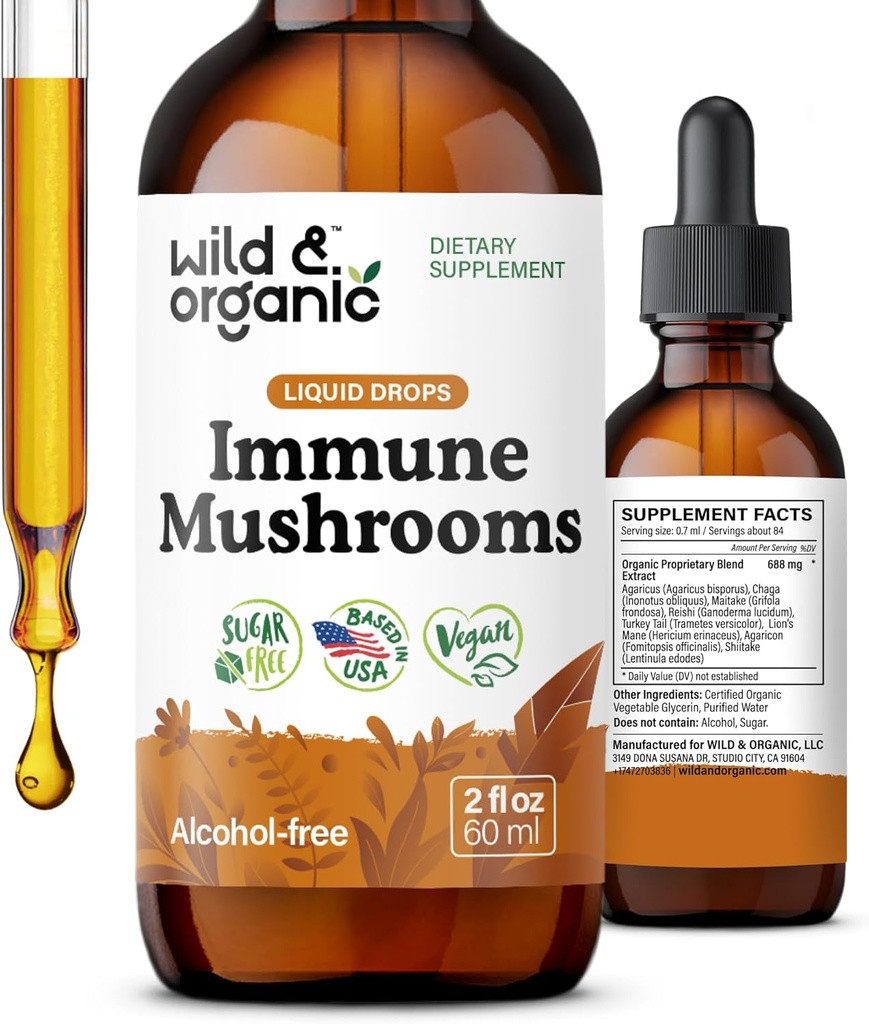 Wild & Organic Immune Mushrooms Tincture - 8-in-1 Mushroom Complex with Chaga, טורקיה Tail, Lion's Mane, Reishi Extracts - Immune Support Drops - טבעוני, סוכר ואלכוהול חינם נוזל - 2 oz oz