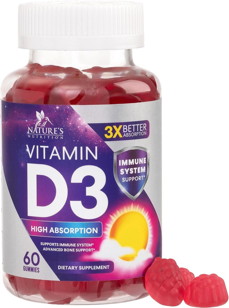 ויטמין D3 Gummy 5000 IU (125 mcg) - תוספי ויטמין D עבור נשים וגברים - עצם, שיניים, שריר ו- Immune Health Support, High Potency VIT D3 Nature's Non-GMO & Gluten חינם - 60 מסטיקנים