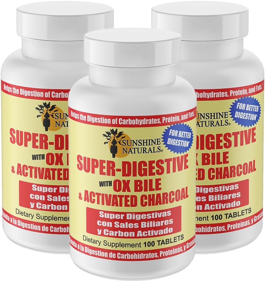 Sunshine Naturals Super Digest Ox Bile & מופעל Charcoal עבור תמיכה מזיקה, Bloating Relief, Gut ניקויse, Absorption תזונתית, ו- Total Wellness. 100 טבליות חבילה של 3