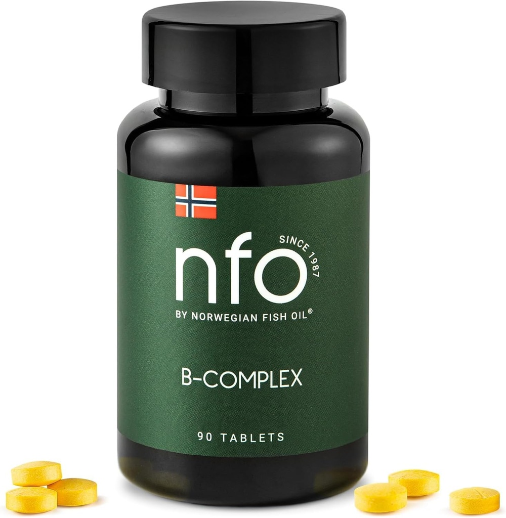 NFO ויטמין B Complex (90 טבליות) Norwegian Natural High-Dose Complex of Multivitamins of Group B in a Easily Accessible Form: B1, B2, B3, B5, B6, B9, B12 עבור גברים ונשים המיוצרים בנורבגיה