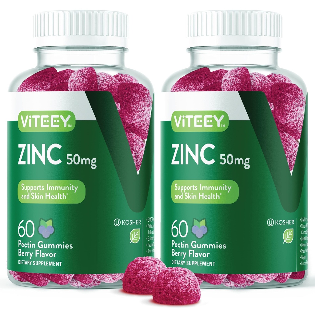 VITEEY Zinc Gummies for Men and Women - Zinc Supplements 50mg - Immune Boost & Skin Health - טבעוני, Gluten Free - 120 Count