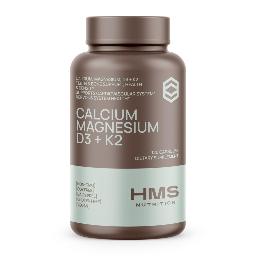 Calcium, Magnesium, ויטמינים D3 + K2 לבריאות העצם, תמיכה בשומן, עצמות ושיניים תוסף קלוריות לנשים וגברים, non-GMO, Gluten-Free, 120 קפסולות