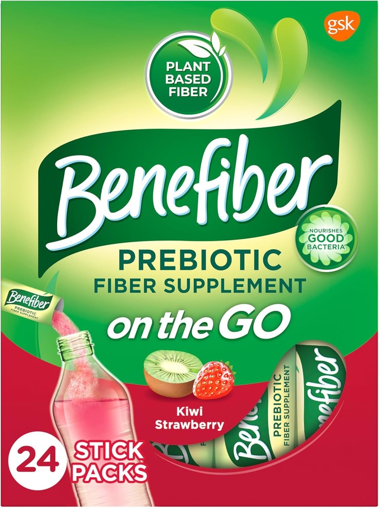 Benefiber On the Go Prebiotic Fiber Supplement Powder for Digestive Health, Daily Fiber Powder, Kiwi Strawberry Flavor Powder Stick Packs - 24 Sticks (5.28 Ounces)