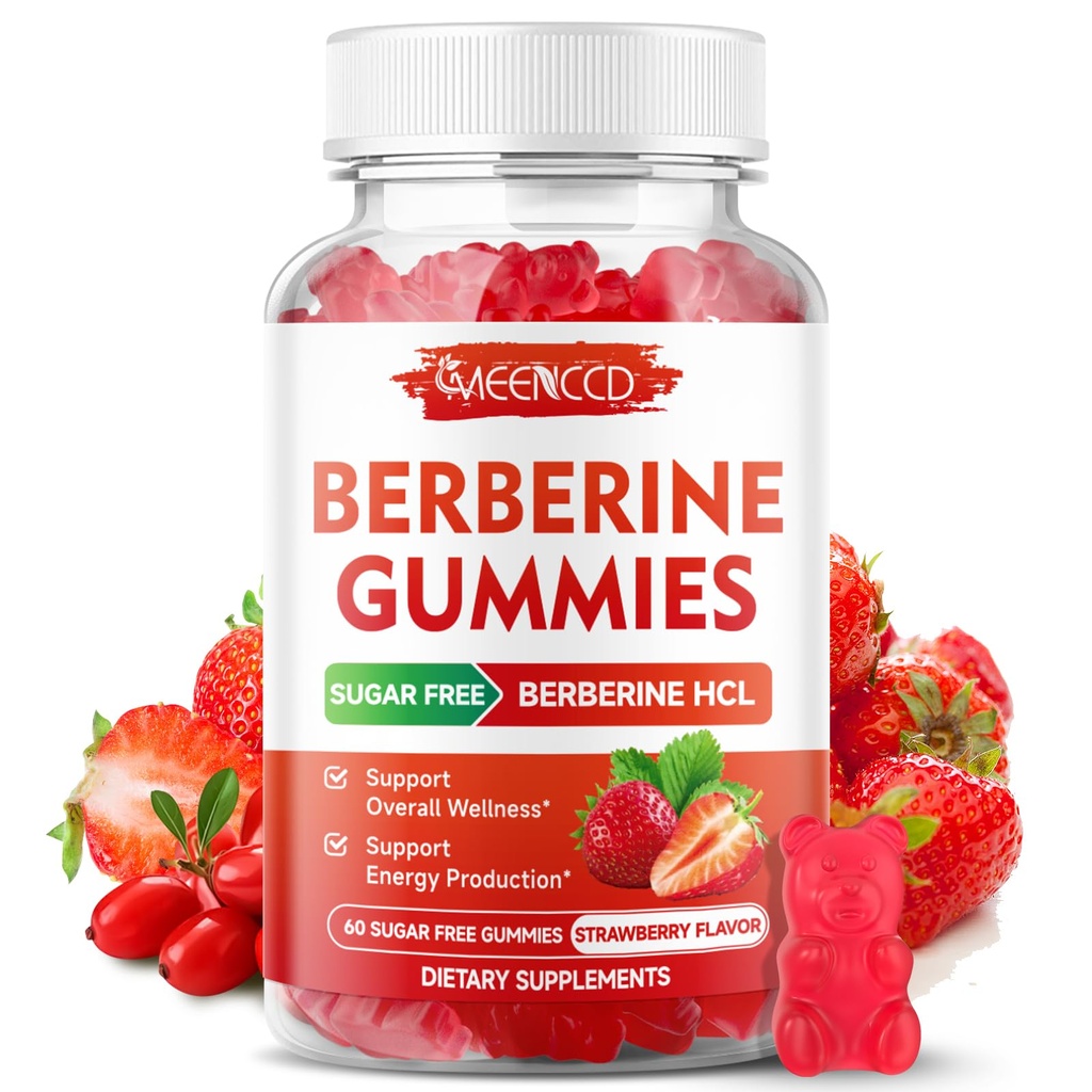 Bberine Gummies עם Ceylon Cinnamon 1500 מ"ג High Potency Berberine HCL תוספת לתמיכה Immune, סוכר חינם, טבעוני, Strawberry Flavor, 60 Count Count