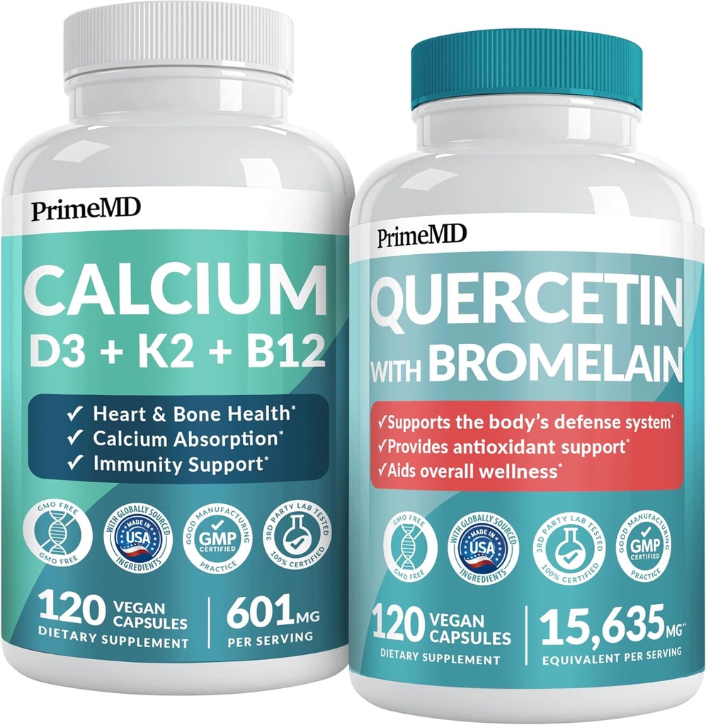 PrimeMD 4in-1 Calcium תוספי עבור נשים וגברים או לב, עצמות וגוף הגנה (120 ct) ו 28-in-1 Quercetin עם תוסף Bromelain - Quercetin 500 מ"ג קפסולות עבור תמיכה הגנת החיסון Immune (120 ct)