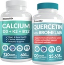 PrimeMD 4in-1 Calcium תוספי עבור נשים וגברים או לב, עצמות וגוף הגנה (120 ct) ו 28-in-1 Quercetin עם תוסף Bromelain - Quercetin 500 מ"ג קפסולות עבור תמיכה הגנת החיסון Immune (120 ct)