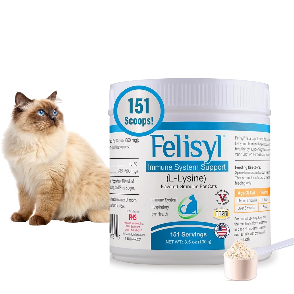 Felisyl L-Lysine Granules for Cats 100g (3.5 oz, 310 Servings) – Supports Immune, Respiratory, and Eye Health. Eases Sneezing, Runny Nose, and Watery Eyes. Tasty Salmon Flavor - Made in The USA