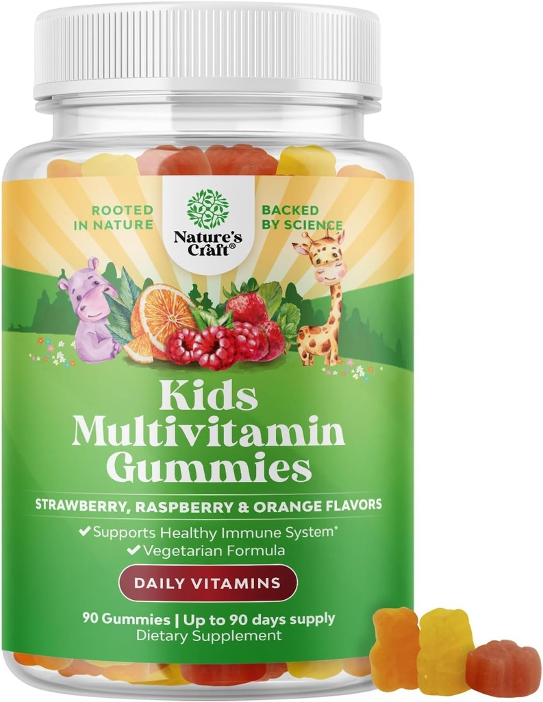 Plant Based Kids Multivitamin Gummies - Multivitamin for Kids Immune Support with הויטמינים A, C, D3, E, B6 & B12, Zinc & Iodine - ויטמינים לילדים Chewable פורמולה לבריאות חזקה - ספירה 90
