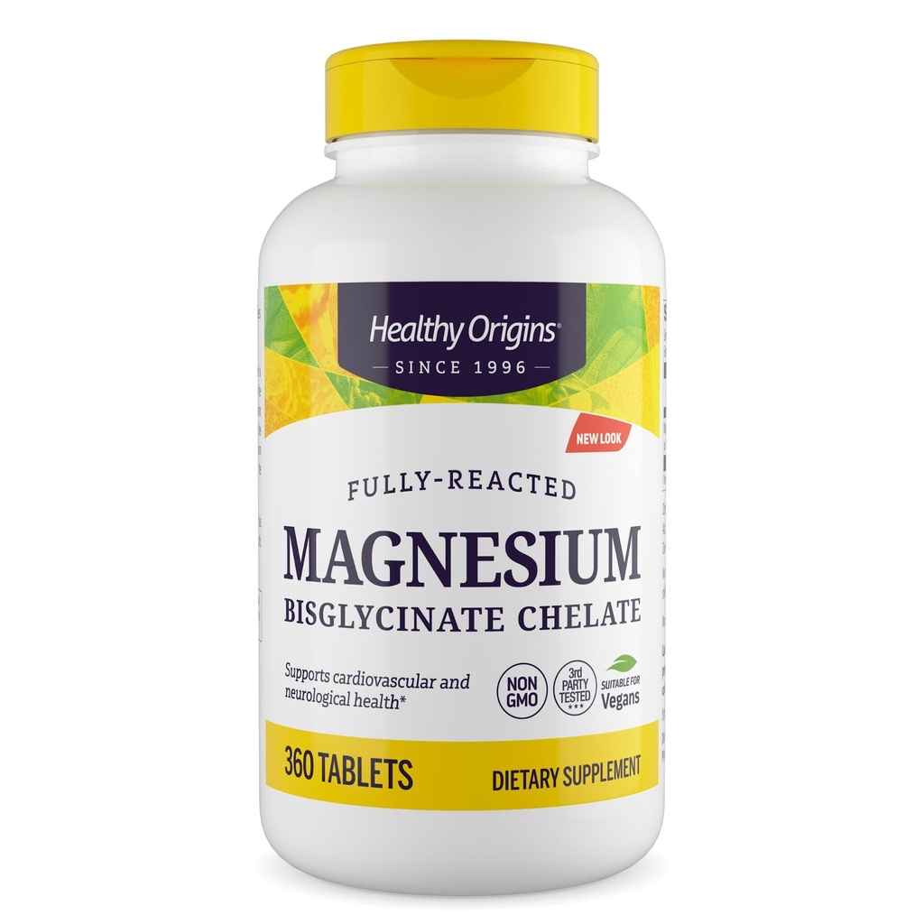מקורות בריאים Magnesium Bisglycinate Chelate (Non-GMO, Gluten Free, Cardiovascular Support, Bone Support, Neuroלוגי תמיכה, טבעוני), 360 טבליות