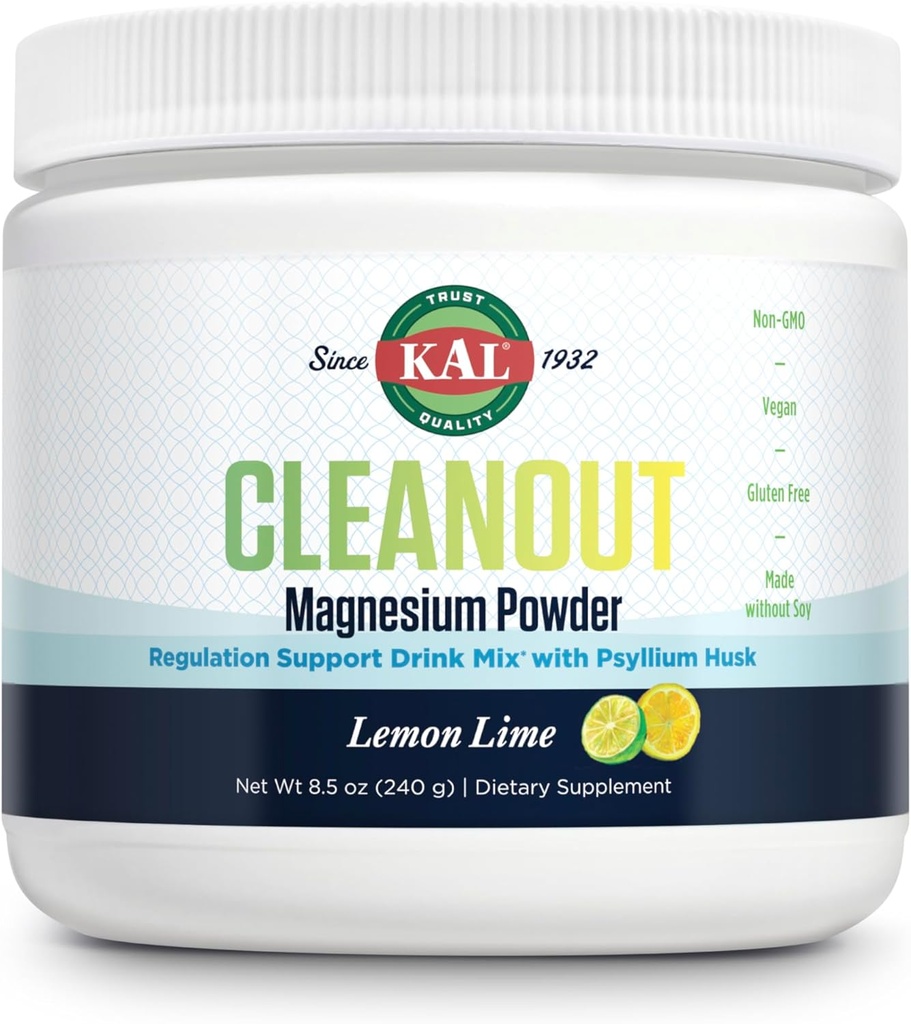 KAL ניקוי Magnesium Plus Psyllium Husk אבקת - לימון Lime - Magnesium Oxide עם תוספת סיבים - תקנה תמיכה משקאות Mix - No Sugar - 60-Day Promise, 40 משרתים, 8.5 OZ