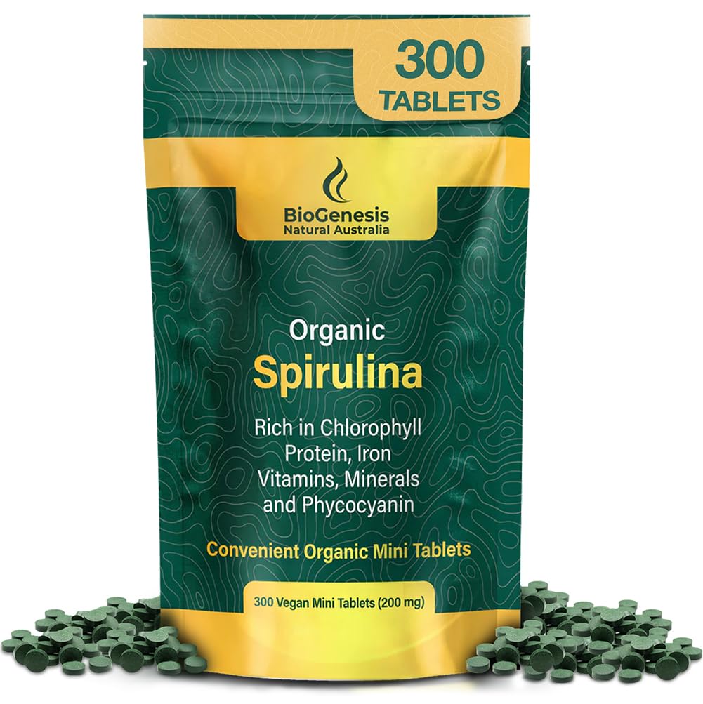 Biogenesis אורגני Spirulina מיני טבליות - 300 הרוזן (200 מ"ג) | אוסטרליה Grown Blue-Green Algae | Rich in Phycocyanin, Chlorophyll & B ויטמינים | תמיכה יומית Energy & Immunity