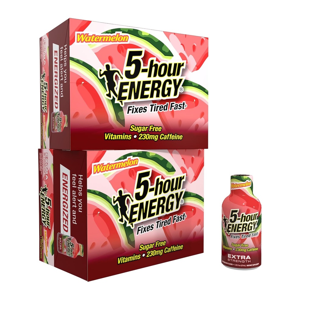 5 שעות ENERGY תוספת אנרגיה נורה, Watermelon Flavor (1.93 oz. - 24 Count) סוכר חינם ו- Zero Calories, B-Vitamins & Amino Acids, 230 מ"ג Caffeinated אנרגיה נורה, דיאטת תוספת תוספת תוספת תוספת תוספת מזון, B-Vitamins & Amino Acids.