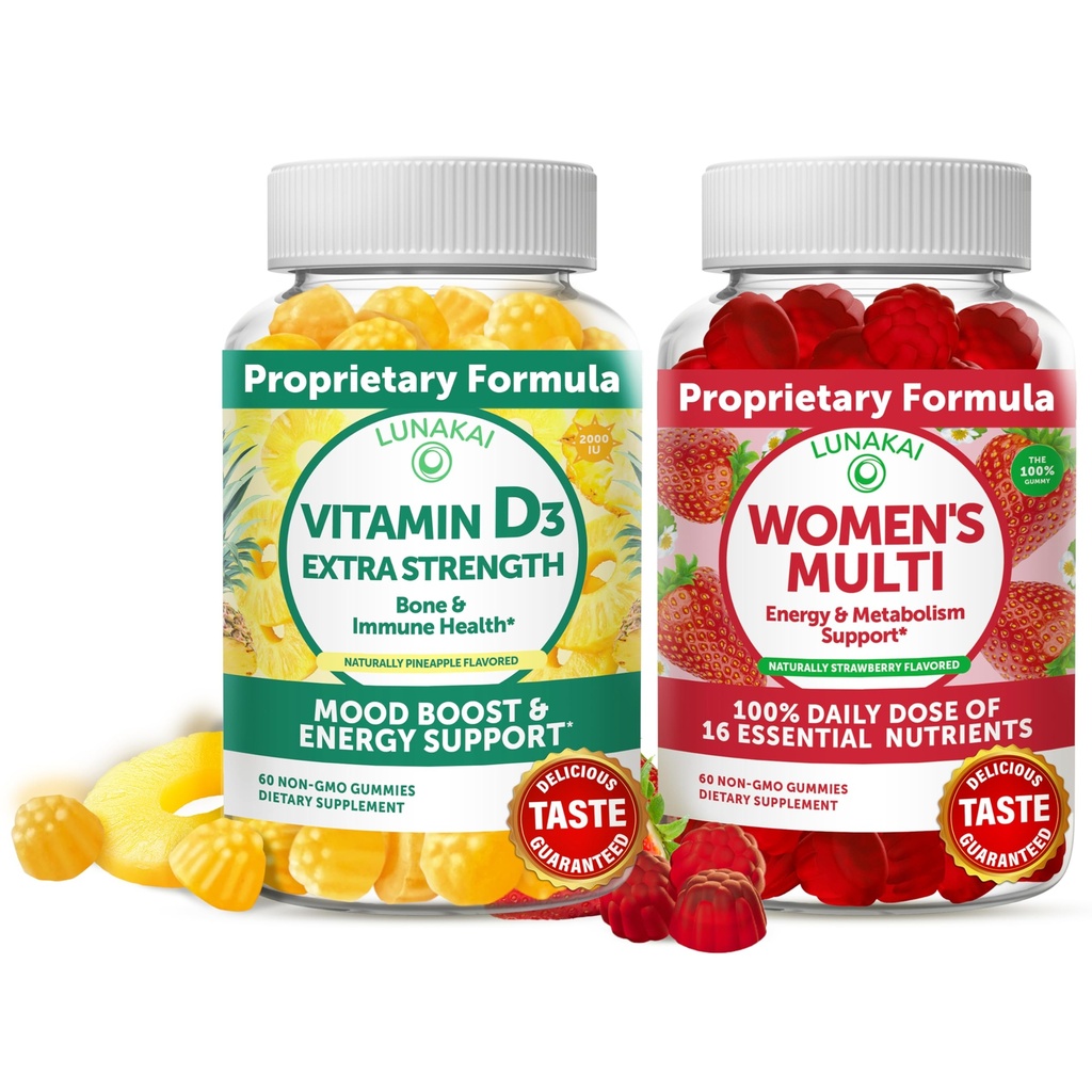 לונוקאי ויטמין D3 מסטיקנים ונשים של Multivitamin מסטיקנים Bundle - Immunity, Bone ו- Mood תמיכה תוסף - 100% ערך יומי של 16 ויטמינים ומינרלים בריאים מסטיקמי - 30 ימים אספקה