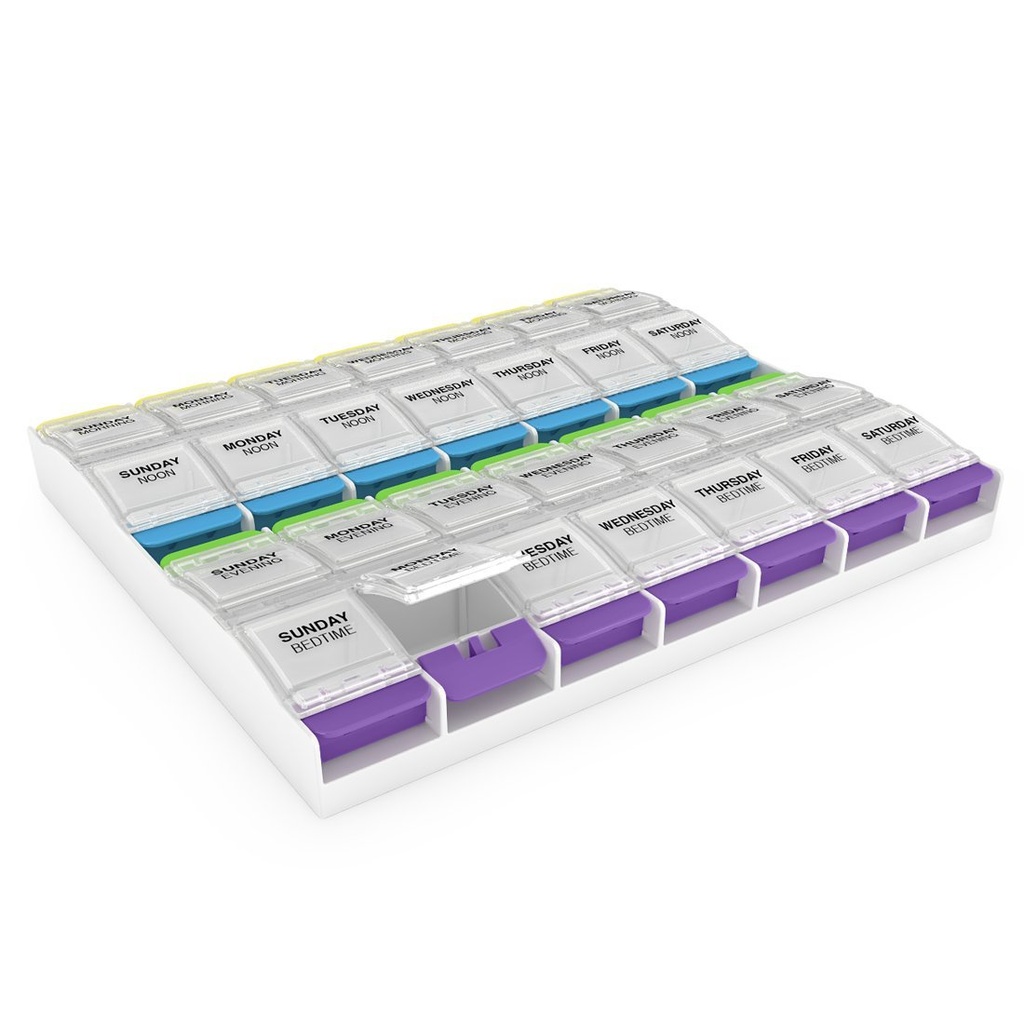 EZY DOSE Weekly (7-Day) Pill Organer, ויטמין Container ו-Daily Medicine Planner, 2X-Large Push Button Measuretments, Arthritis Friendly, Easy to Use, 4 פעמים ביום, Clear Lids, BPA חינם חינם