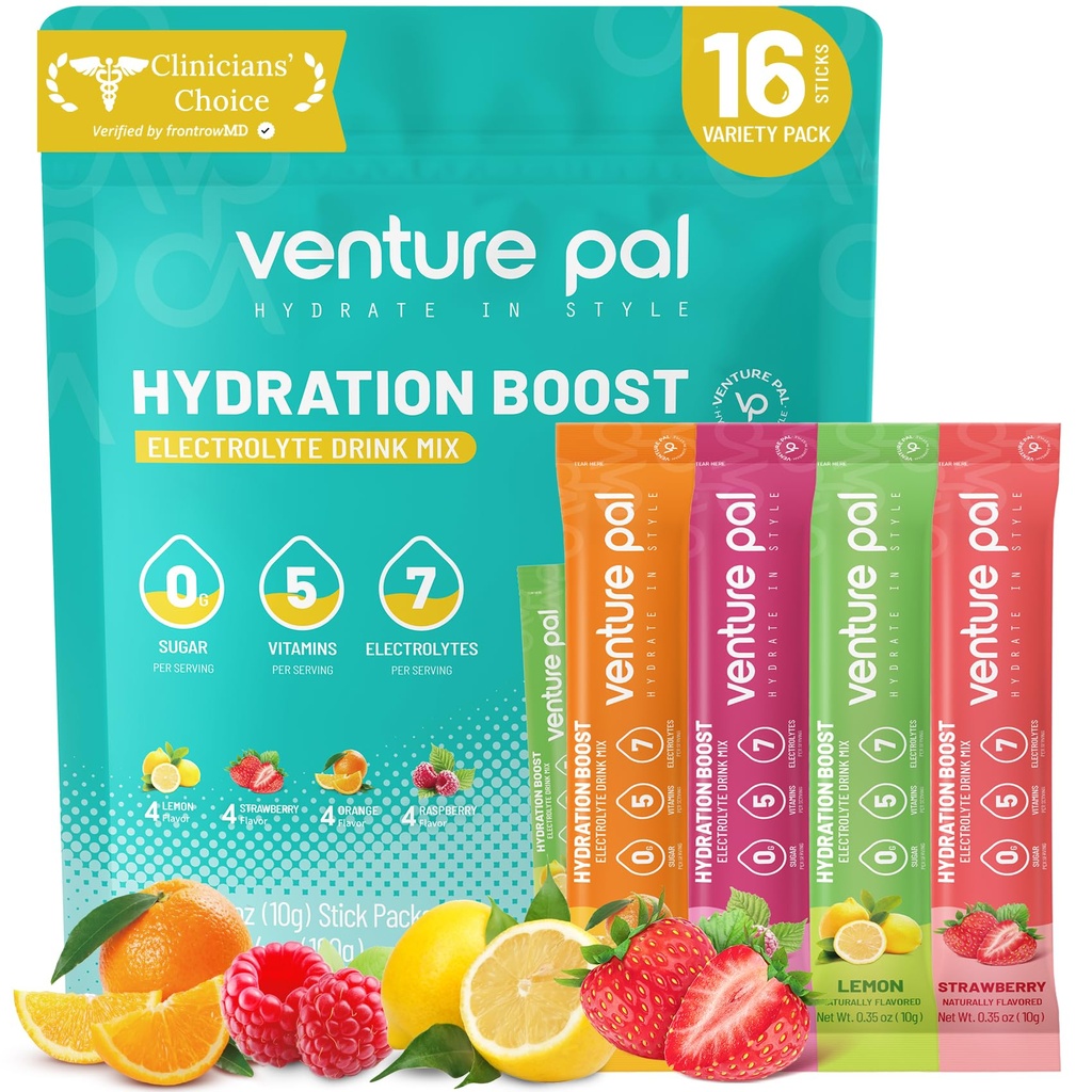 Venture Pal Sugar Free Electrolyte אבקת Packets - נוזל יומי הרביעי לשתות לערבב עבור הידרה מהירה & Party Recovery | 5 ויטמינים ו 7 אלקטרוליטים