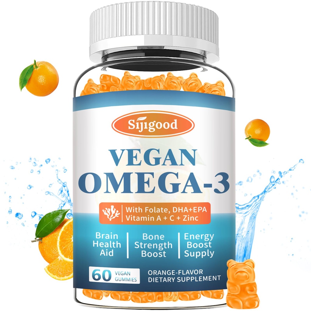 אומגה 3 מסטיקנים פוטנט אלגה מקור אומגה, Boost Brain, Eye & Immune Function, with DHA ו- EPA & Sugar Free, Orange Flavor, 60 Count