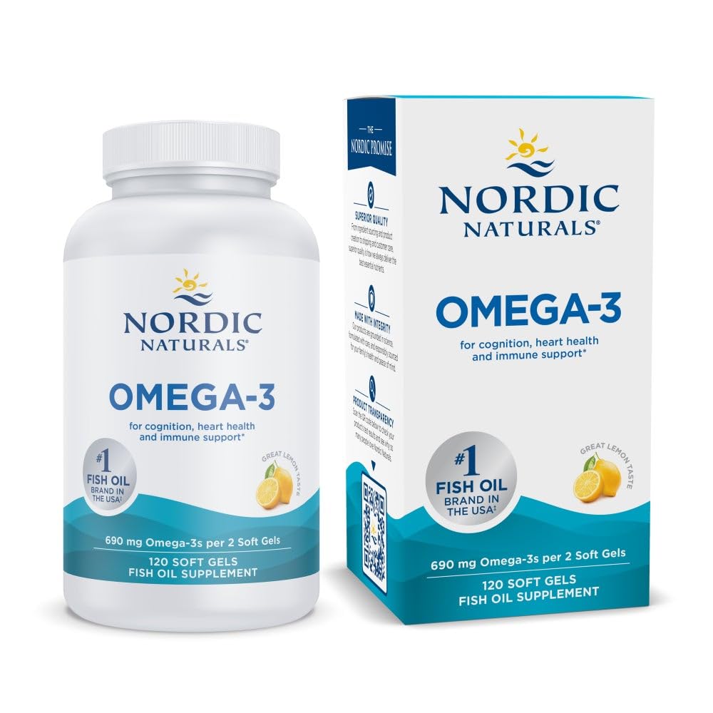 Nordic Naturals אומגה 3, Lemon Flavor - 120 Soft Gels - 690 מ"ג אומגה 3 - שמן דגים - EPA & DHA - Immune Support, Brain & Heart Health, Optimal Wellness - Non-GMO - 60 משרתים