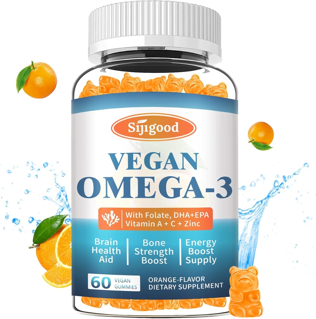 אומגה 3 מסטיקנים פוטנט אלגה מקור אומגה, Boost Brain, Eye & Immune Function, with DHA ו- EPA & Sugar Free, Orange Flavor, 60 Count