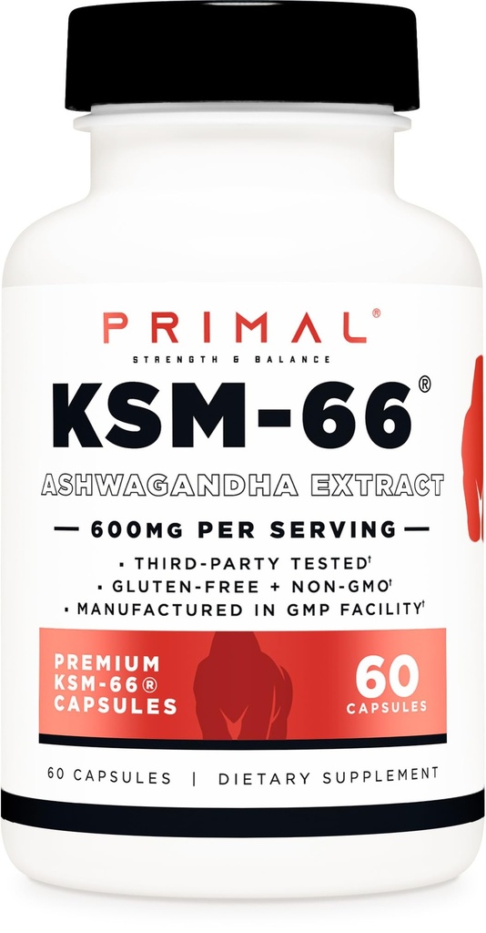פרימי KSM-66 Ashwagandha Complex (60 קפסולות / 60 משרתים, 600 מ"ג פרבור) - KSM-66 Ashwagandha with Black Pepper, Gluten Free, non-GMO