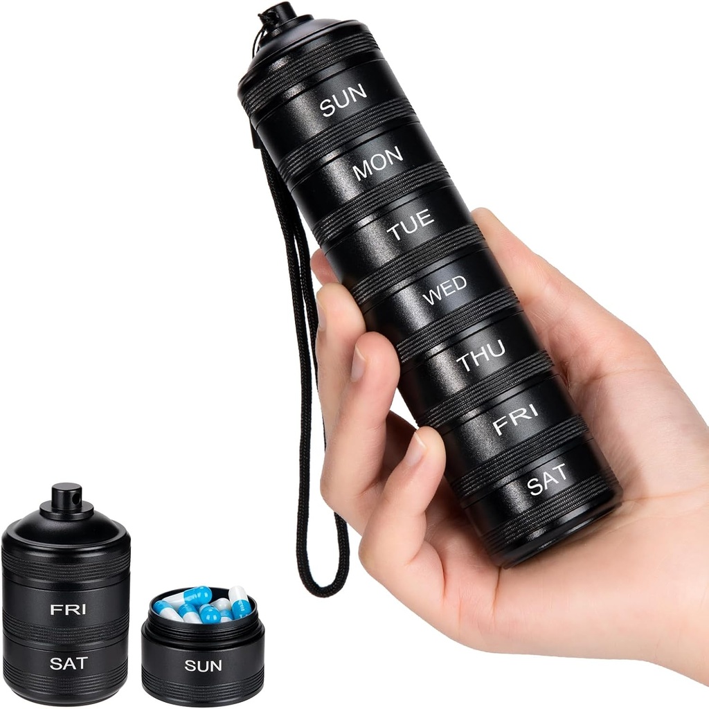 Metal Pill Productionser - Travel Pill Box, Waterified Pill Case, 7 Day אלומיניום Alloy Container, Portable Pill Holder for Medicine, Supplement, Fish Oil