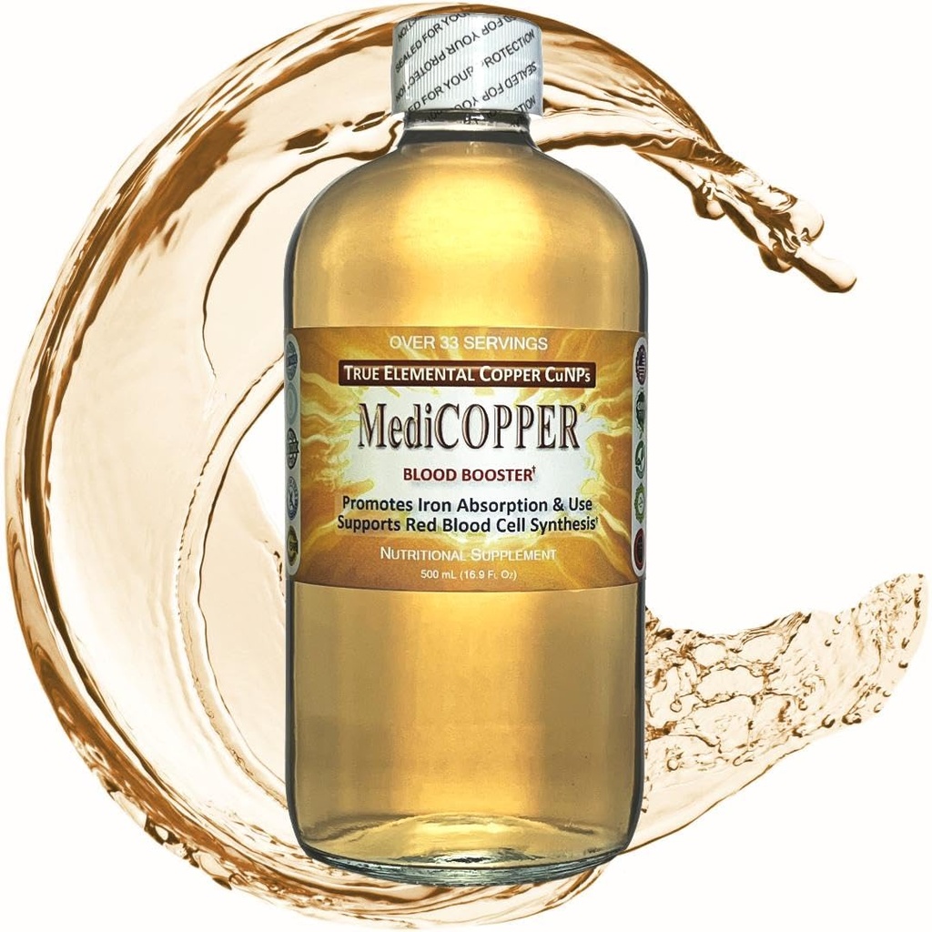 MediCOPPER Blood Booster True Colloidal Copper CuNP Foodsent - 500 מ"ל בבקבוק זכוכית בהיר