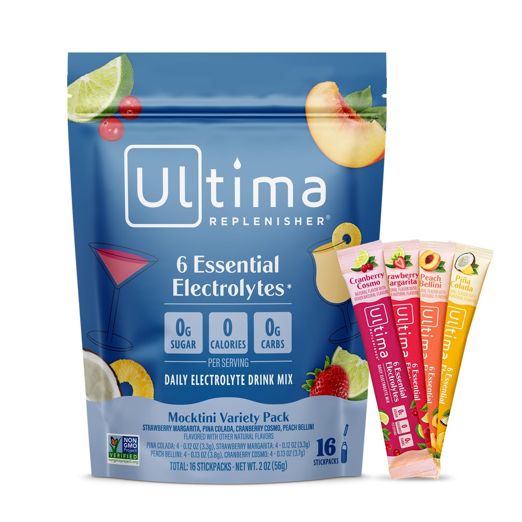 Ultima Replenisher Daily Electrolyte אבקת משקאות Mix - סוכר חינם - Mocktini Variety, 16 Stickpacks - hydrotion Packets עם 6 Key Electrolytes ו- Trace מינרלים - Keto Friendly, non-GMO